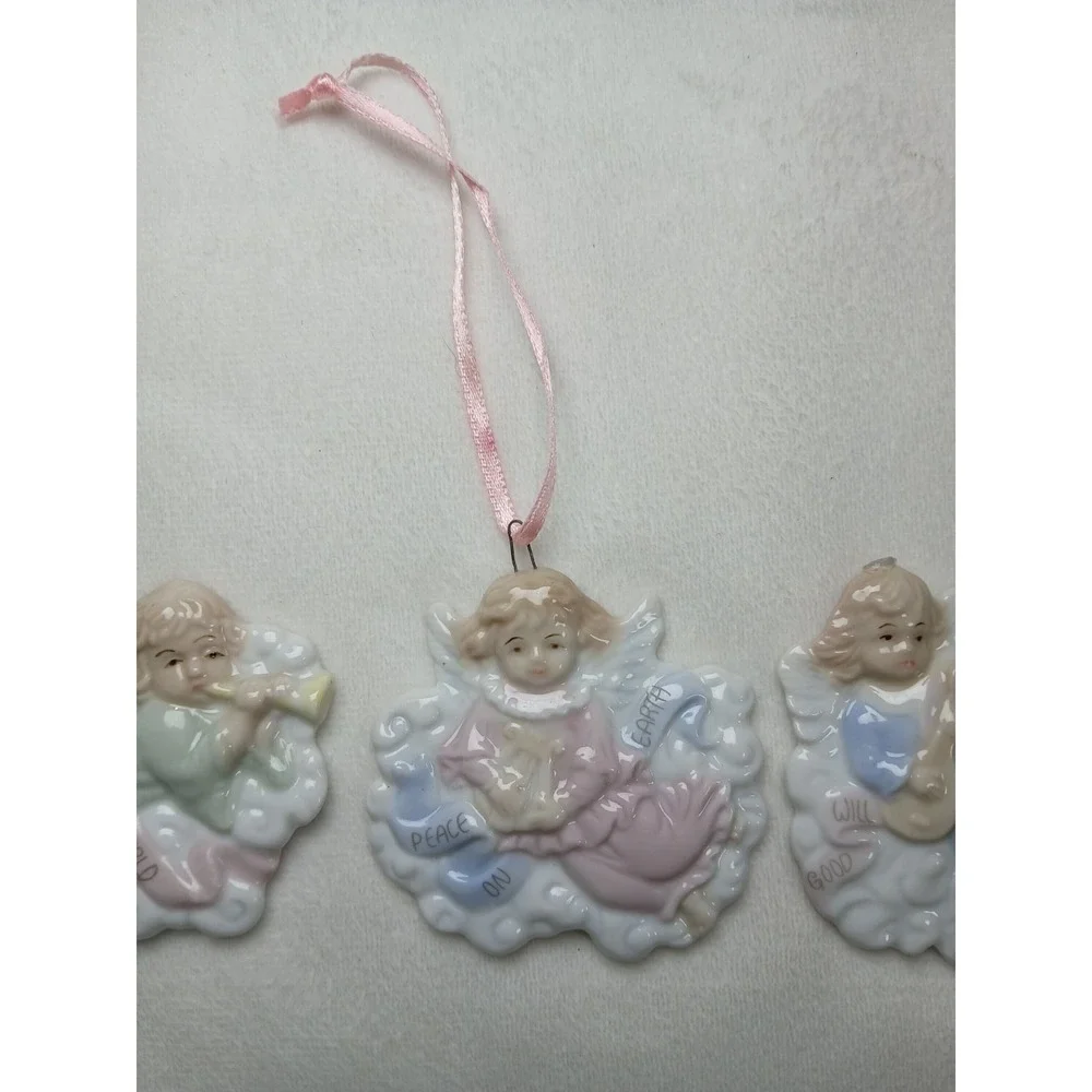 1996 Vintage H.O.L. 3 Ceramic Angel Ornaments Joy To The World Peace On Earth‎